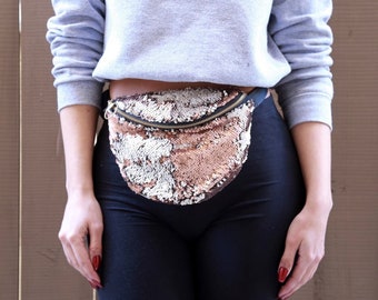 Rose Gold Beige Mermaid Reversible Sequin Fanny Pack Bum Waist Bag Festival EDM Rave Mardi Gras Carnival Purse Satchel Crossbody Pouch