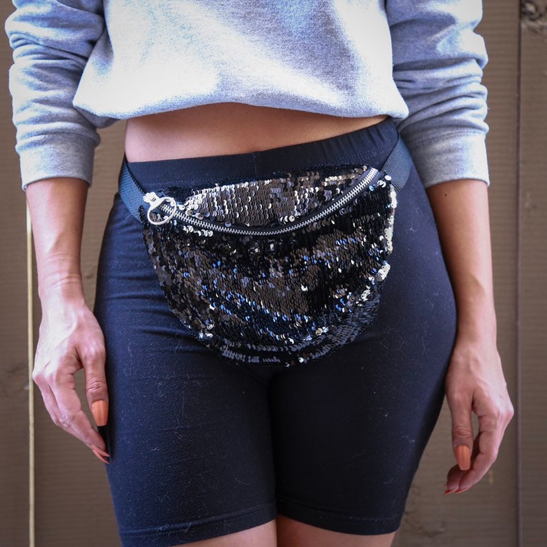 Sparkly Silver Black Mermaid Moveable Sequin Fanny Pack Bum Waist Bag Festival EDM Rave Mardi Gras Carnival Purse Satchel Crossbody Pouch image 3