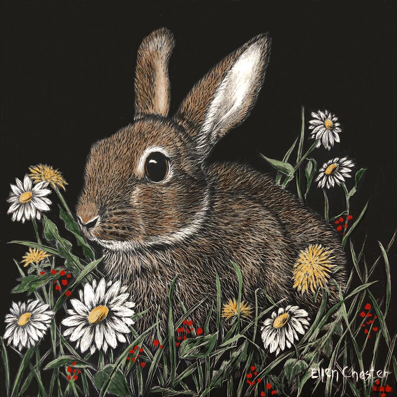 jewelry adornment wildlife giclee print cute rabbit Bunny earrings fashion animal lover ears scratchboard art
