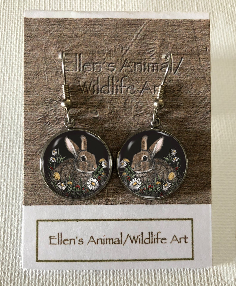 jewelry adornment wildlife giclee print cute rabbit Bunny earrings fashion animal lover ears scratchboard art