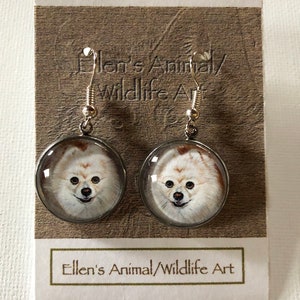 Pomeranian earrings, adorable dog adornment, jewelry, pets, animal lover, art print, glass cabochon, beige pom,