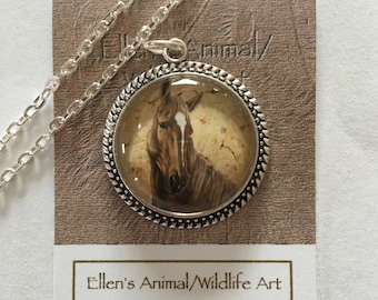 Equine Art Pendant Necklace, Horse Portrait, Bronze or Silver Chain