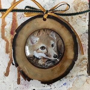 Vosornament, snelle vos, schattige vos, kunstprint, hout- en glascabochon, woondecoratie, kerstmis, handgemaakt, kunstverzamelaar