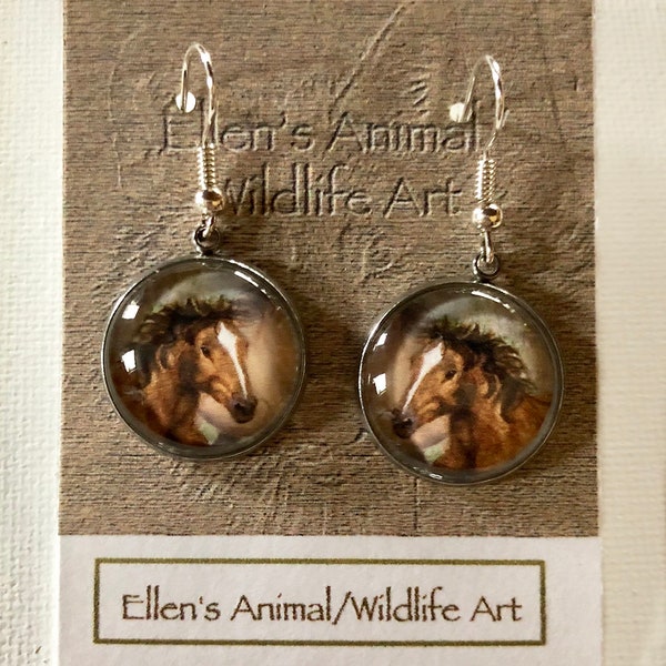 horse earrings, chestnut horse, jewelry, running horse, adornment, art print, cabochon, animal, mustang, wild,