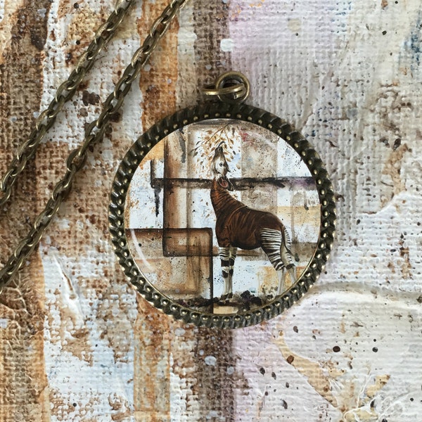 Okapi necklace, okapi contemporary camouflage necklace, okapi jewelry, okapi art, wildlife art, wildlife jewelry