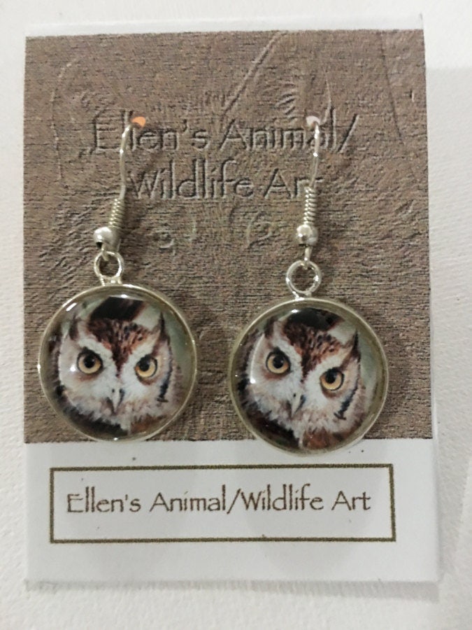 Owl Earrings, Screech owl earrings, Owl Jewelry, Owl art, Screech owl,