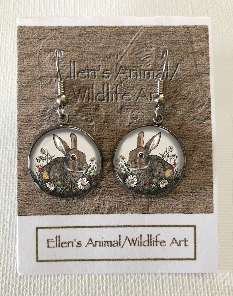 jewelry adornment wildlife giclee print cute rabbit Bunny earrings fashion animal lover ears scratchboard art