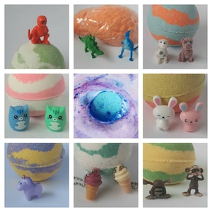 Surprise Toy Bath Bombs! 8 different varieties. Cat, Bunny, Puppy, Monkey, Ice Cream, Dinosaur, Ninja, Unicorn. Kid Safe