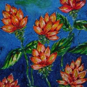 Tropical Flowers, Original Oil Pastel Drawing, Small Drawing, Wall Art, Nature Art, Oil Pastel Flowers, Wall Decor, Orange Flowers, Floral