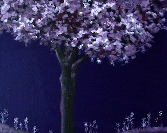 Árbol morado, paisaje primaveral, pintura acrílica, lienzo, decoración del hogar, pintura de árboles, arte natural, arte mural, pintura original