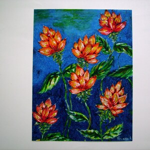Tropical Flowers, Original Oil Pastel Drawing, Small Drawing, Wall Art, Nature Art, Oil Pastel Flowers, Wall Decor, Orange Flowers, Floral image 5