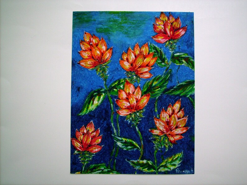 Tropical Flowers, Original Oil Pastel Drawing, Small Drawing, Wall Art, Nature Art, Oil Pastel Flowers, Wall Decor, Orange Flowers, Floral image 5