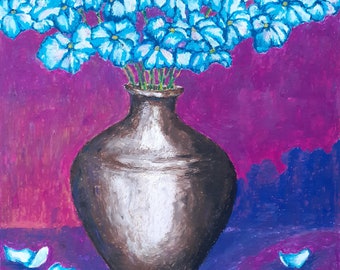 Floral art, floral still life, oil pastel floral, floral oil pastel, botanical art, wall art, blue flowers, colorful botanical pastel art