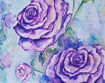 Watercolor Art, Watercolor Roses, Colorful Art, Colorful Watercolor, Nature Art, Original Art, Floral Art, Rose Watercolor, Blue Rose