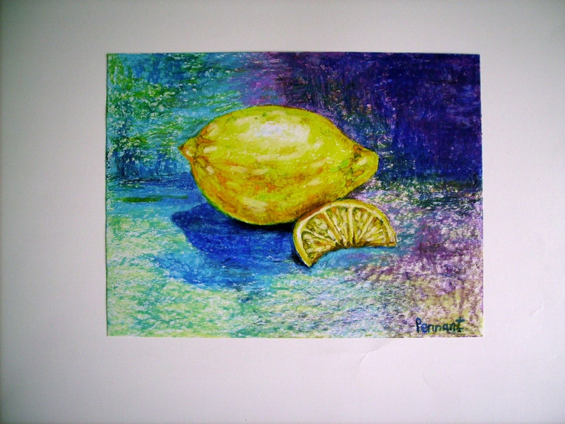 Lemon Drawing, Fruit Drawing, Fruit Art, Kitchen Art, Small Drawing, Oil Pastel Drawing, Oil Pastel Art, Wall Art, Nature Art, Home Decor image 4