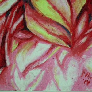 May include: Abstract painting with red, yellow, and white brushstrokes. The painting is signed "Pennant '14" in the bottom right corner.