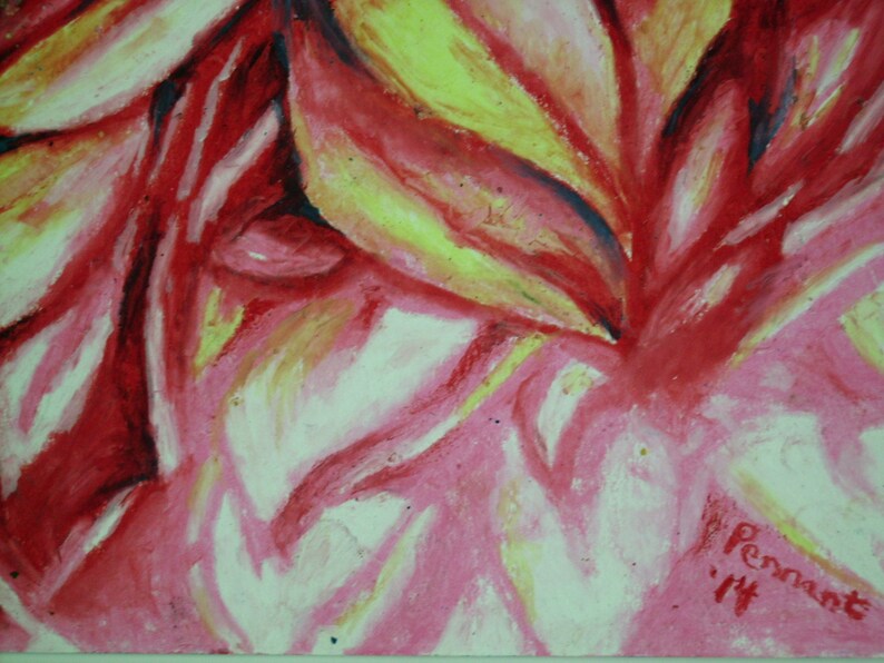 May include: Abstract painting with red, yellow, and white brushstrokes. The painting is signed "Pennant '14" in the bottom right corner.