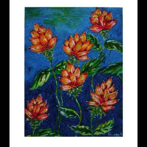 May include: A painting of orange flowers with green leaves on a blue background. The flowers are in various stages of bloom and have a textured appearance. The artist's signature, "Peanont", is in the bottom right corner.