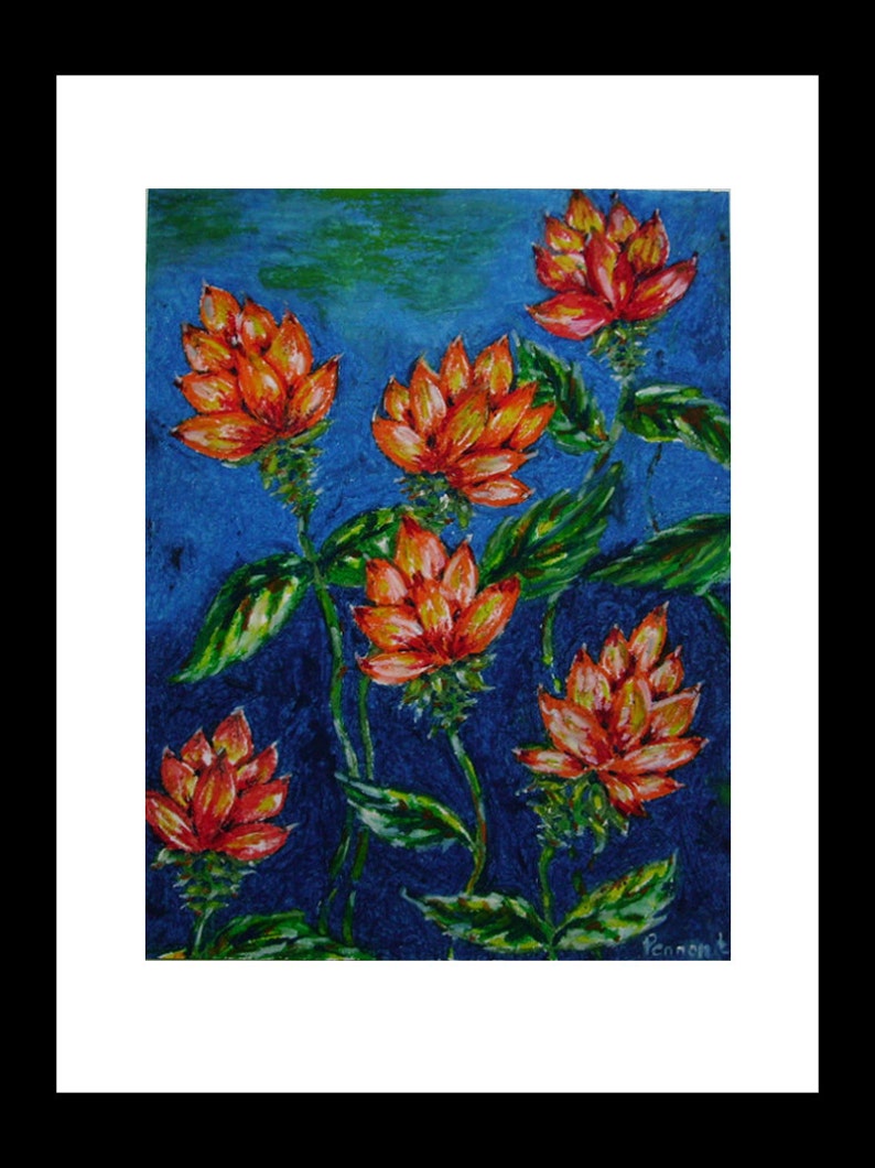 May include: A painting of orange flowers with green leaves on a blue background. The flowers are in various stages of bloom and have a textured appearance. The artist's signature, "Peanont", is in the bottom right corner.