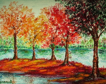 Autumn Landscape, Small Drawing, Original Oil Pastel Art, Wall Art, Nature Art, Home Decor, Tree Drawing, Oil Pastel Landscape, Tree Art