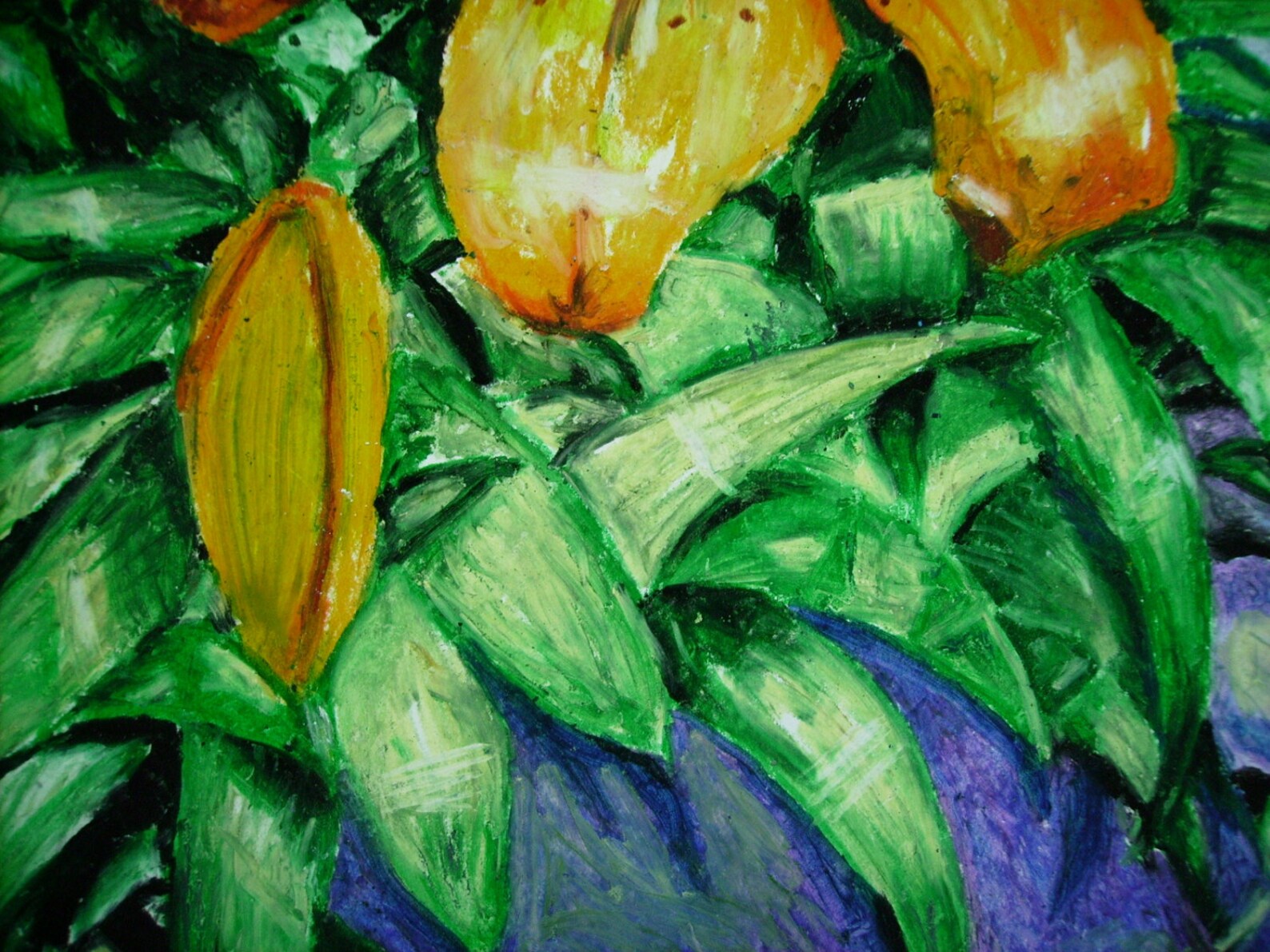 Orange Lily, Orange Flower Drawing, Oil Pastel Flower, Original 14x17