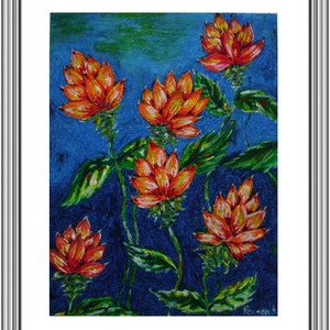 Tropical Flowers, Original Oil Pastel Drawing, Small Drawing, Wall Art, Nature Art, Oil Pastel Flowers, Wall Decor, Orange Flowers, Floral image 3
