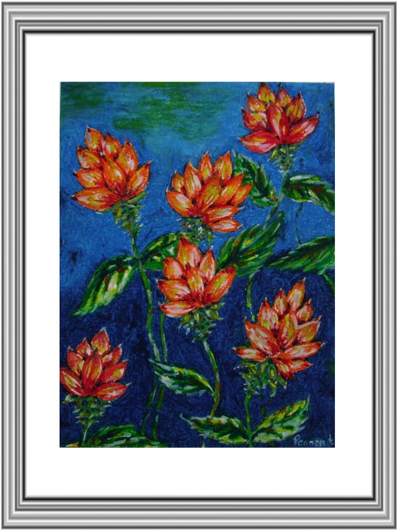 Tropical Flowers, Original Oil Pastel Drawing, Small Drawing, Wall Art, Nature Art, Oil Pastel Flowers, Wall Decor, Orange Flowers, Floral image 3
