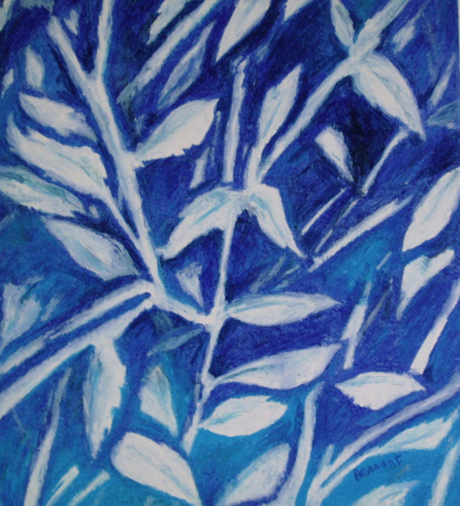 White Plants Oil Pastel Drawing Original Blue and White Etsy