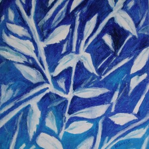 White Plants, Oil Pastel Drawing, Original Blue and White Drawing on 14x17 Bristol Board, Wall Art, Abstract Plant Drawing, Nature Art