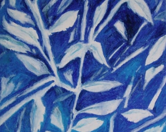 White Plants, Oil Pastel Drawing, Original Blue and White Drawing on 14x17 Bristol Board, Wall Art, Abstract Plant Drawing, Nature Art