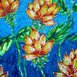 Tropical Flowers, Original Oil Pastel Drawing, Small Drawing, Wall Art, Nature Art, Oil Pastel Flowers, Wall Decor, Orange Flowers, Floral image 4