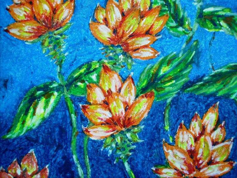 Tropical Flowers, Original Oil Pastel Drawing, Small Drawing, Wall Art, Nature Art, Oil Pastel Flowers, Wall Decor, Orange Flowers, Floral image 4