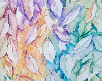 Arte de acuarela, hojas de acuarela, hojas brillantes, arte colorido, hojas caídas, acuarela colorida, arte de la naturaleza, arte original, arte abstracto