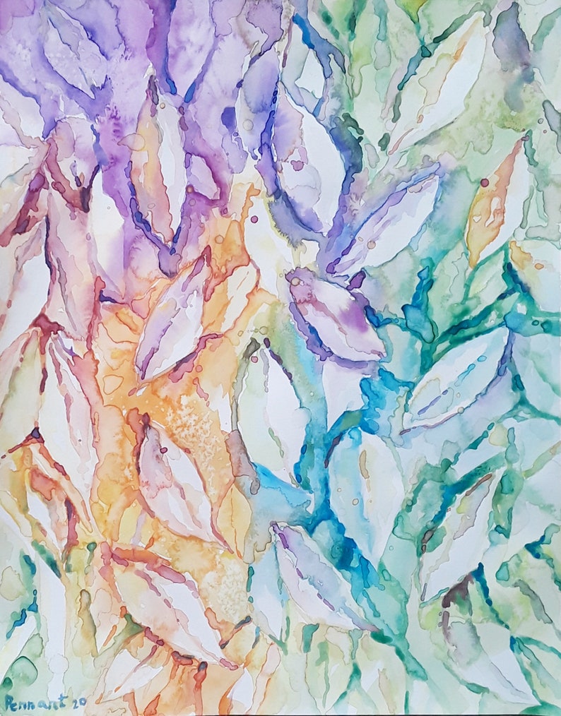 Watercolor Art, Watercolor Leaves, Bright Leaves, Colorful Art, Falling Leaves, Colorful Watercolor, Nature Art, Original Art, Abstract Art image 1