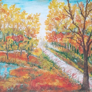Oil pastel landscape, original oil pastel, autumn art, colorful autumn oil pastel landscape, nature art, wall art, botanical oil pastel art