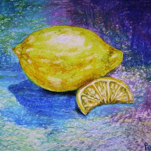 Lemon Drawing, Fruit Drawing, Fruit Art, Kitchen Art, Small Drawing, Oil Pastel Drawing, Oil Pastel Art, Wall Art, Nature Art, Home Decor image 1