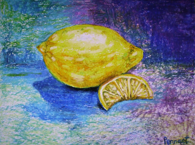 Lemon Drawing, Fruit Drawing, Fruit Art, Kitchen Art, Small Drawing, Oil Pastel Drawing, Oil Pastel Art, Wall Art, Nature Art, Home Decor image 1