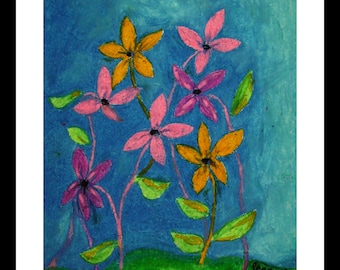 花のパステル画 A4サイズ 春の花、9x12 画用紙に描いたオリジナルのオイル パステル画、小さな花