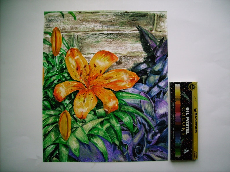 Orange Lily, Orange Flower Drawing, Oil Pastel Flower, Original 14x17