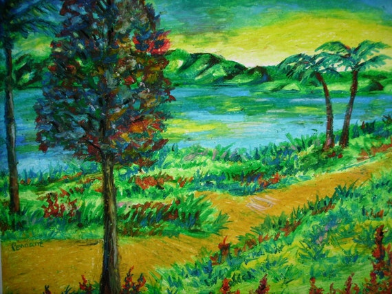 Oil Pastel Landscape Drawing, Original 14x17 on Bristol Board, Wall Art,  Nature Art, Mountain Drawing, Oil Pastel Trees, Oil Pastel Water 