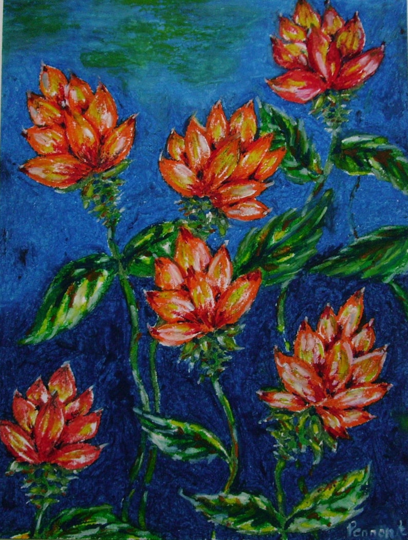 Tropical Flowers, Original Oil Pastel Drawing, Small Drawing, Wall Art, Nature Art, Oil Pastel Flowers, Wall Decor, Orange Flowers, Floral image 1
