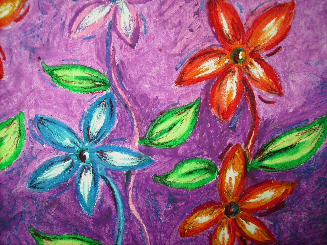 Petite fleur dessin, huile fleurs Pastel, dessin Pastel à l'huile Original, Nature Art, Art