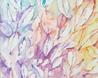 Arte de acuarela, hojas de acuarela, hojas brillantes, arte colorido, hojas caídas, acuarela colorida, arte de la naturaleza, arte original, arte abstracto