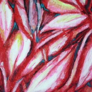 May include: Abstract painting of overlapping red, pink, and white petals with blue accents. The petals are layered and create a sense of depth and movement.