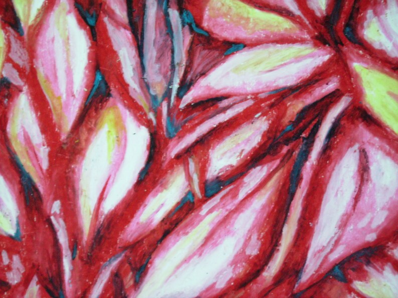 May include: Abstract painting of overlapping red, pink, and white petals with blue accents. The petals are layered and create a sense of depth and movement.
