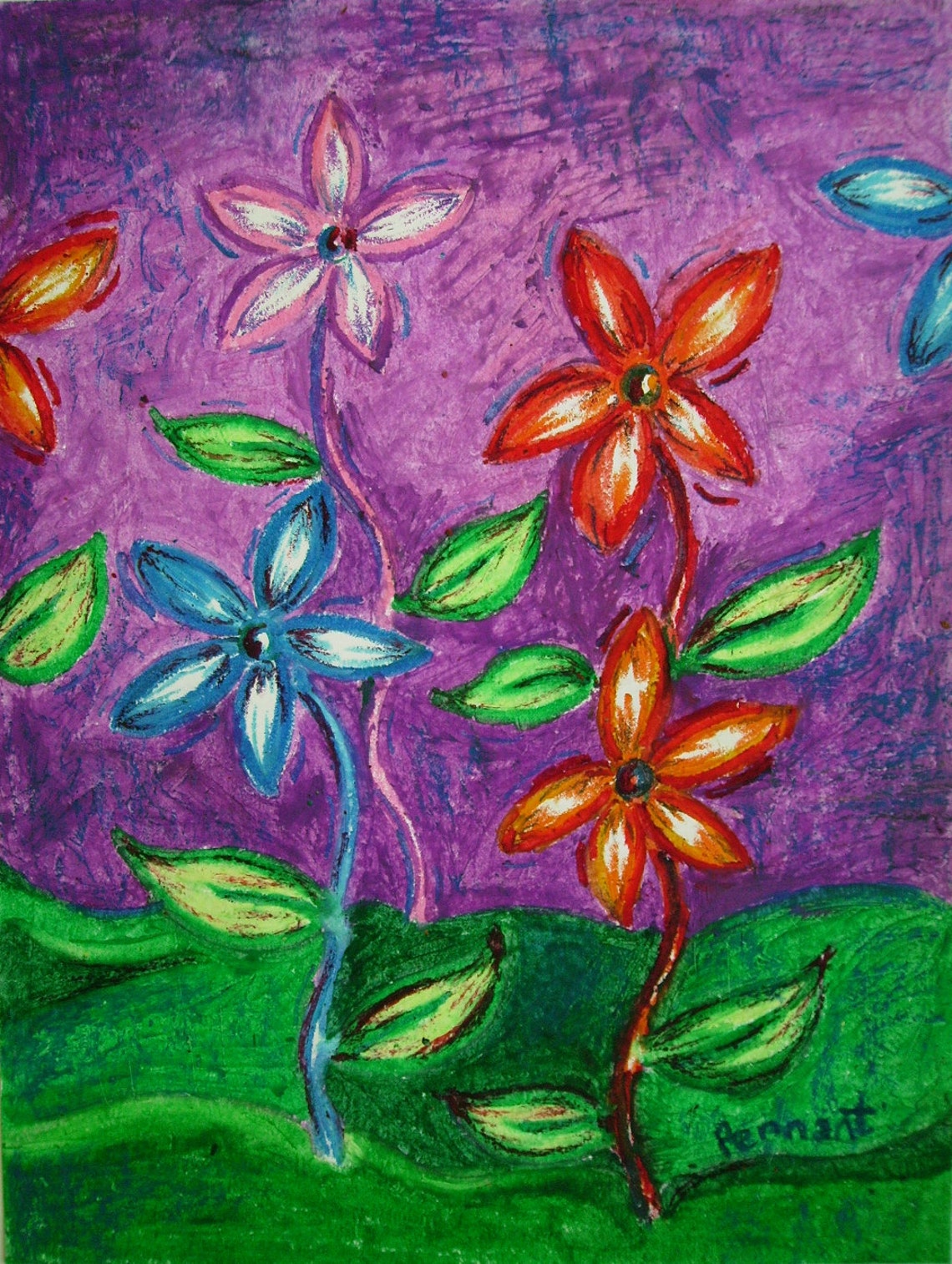 Petite fleur dessin, huile fleurs Pastel, dessin Pastel à l'huile Original, Nature Art, Art
