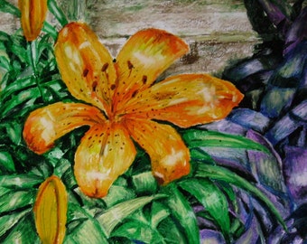 Orange Lily, Orange Flower Drawing, Oil Pastel Flower, Original 14x17 Oil Pastel Drawing on Bristol Board, Nature Art, Wall Art, Lily Art