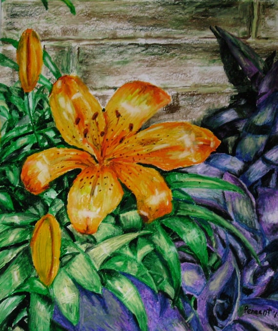 Orange Lily, Orange Flower Drawing, Oil Pastel Flower, Original