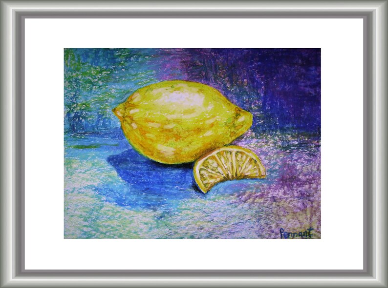 Lemon Drawing, Fruit Drawing, Fruit Art, Kitchen Art, Small Drawing, Oil Pastel Drawing, Oil Pastel Art, Wall Art, Nature Art, Home Decor image 3