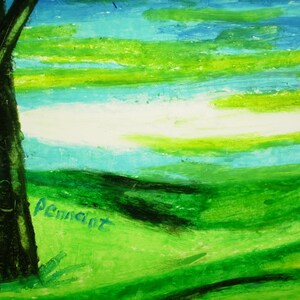 Puede incluir: Pintura abstracta con un paisaje verde y azul. La pintura presenta dos &aacute;rboles oscuros en primer plano y un cielo blanco con pinceladas verdes y azules.